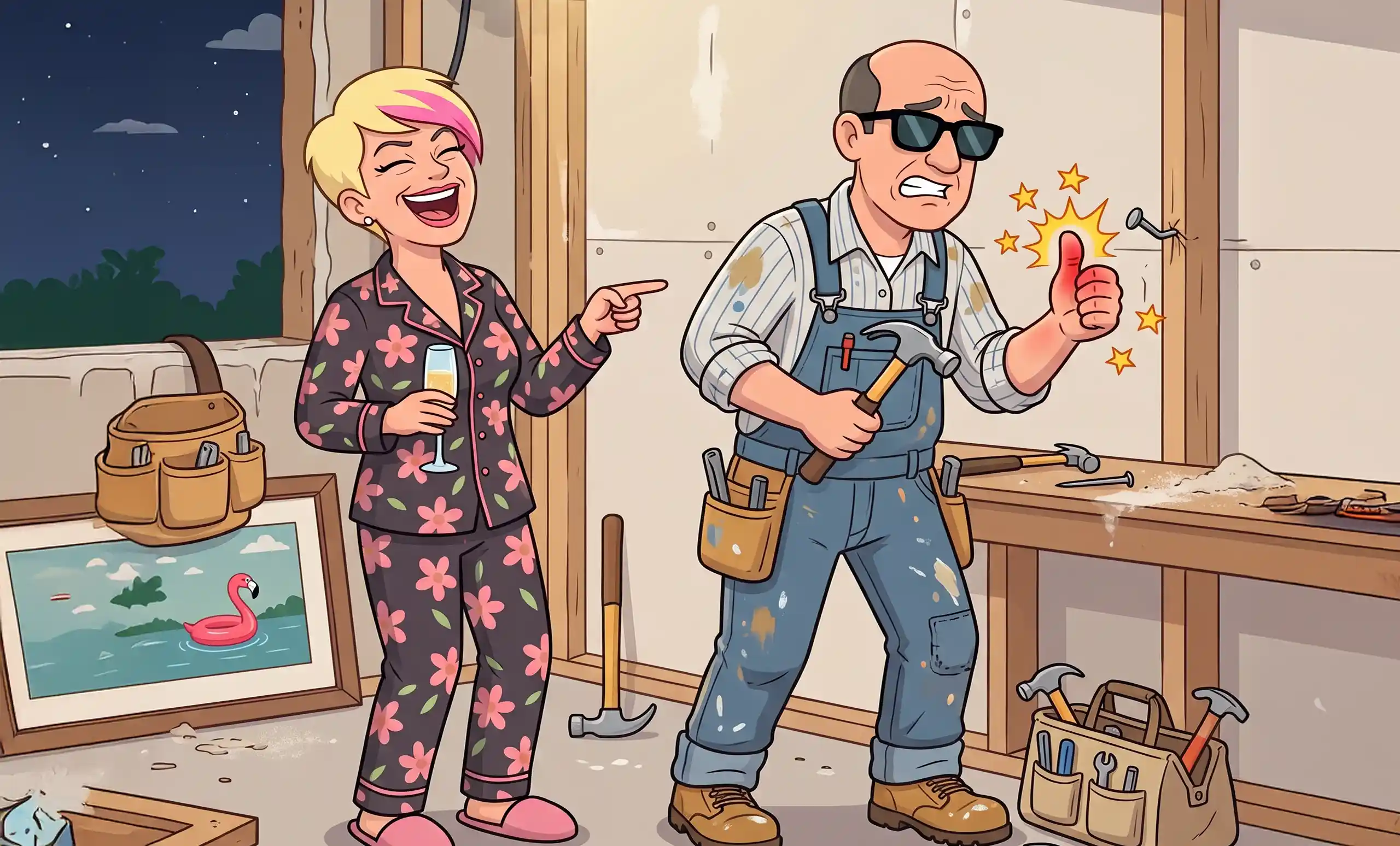 Cartoon of a management rights manager hitting his thumb with a hammer while a bystander laughs, illustrating the risks and rewards of management rights agreement decisions.