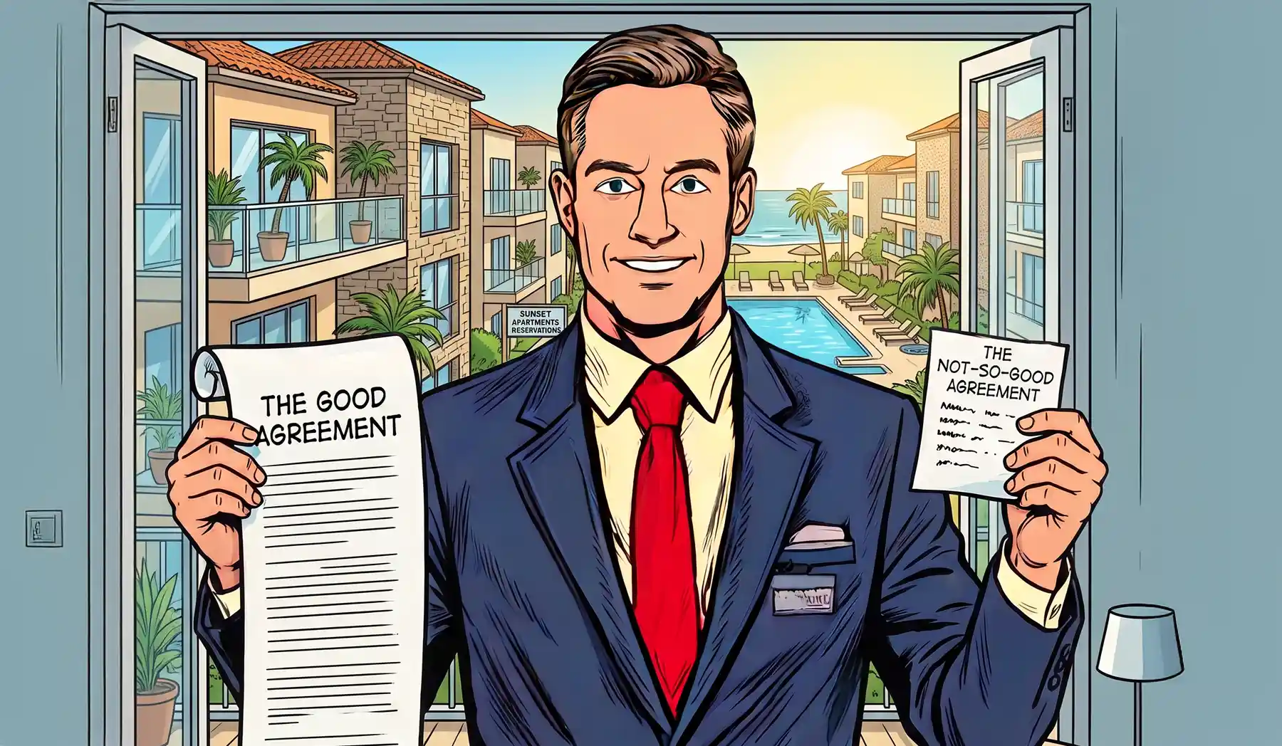 Good Management Rights Agreement | Management Rights Blog Cartoon of a management rights manager holding a good agreement and a poor agreement in front of a resort complex, illustrating the benefits of stronger management rights agreements.